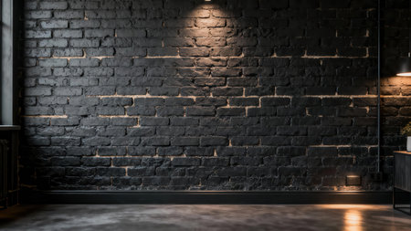Dramatic interior view featuring a rough black brick wall contrasted by warm yellow directional lighting and a dark polished concrete floor, suitable for product placement or text overlay.の素材