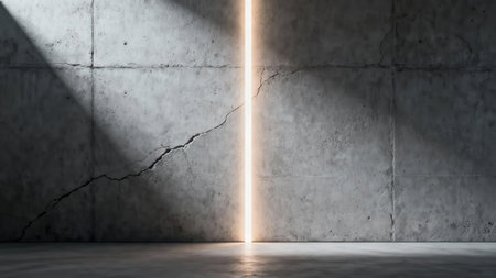 Architectural study of a textured gray concrete interior featuring a narrow, centrally positioned vertical warm light source reflecting onto the polished cement floor.の素材