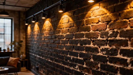Textured dark red and black exposed brick wall highlighted by five circular beams of intense golden-yellow light from ceiling-mounted adjustable track lamps, set in a blurred modern industrial living...の素材