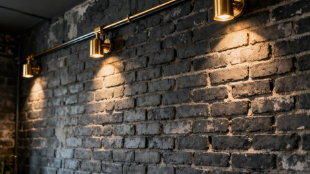 Weathered black painted brick wall texture highlighted by warm light beams from three cylindrical brass accent lamps mounted on a horizontal track rail.の素材