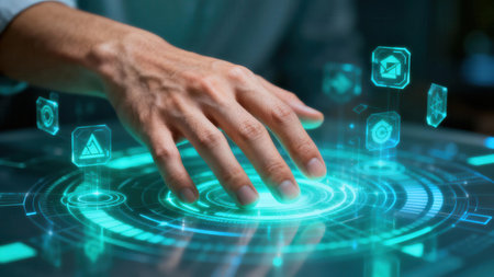 View of a person's fingers initiating a command on an advanced virtual reality interface, radiating bright electric blue neon light against a dark background.の素材