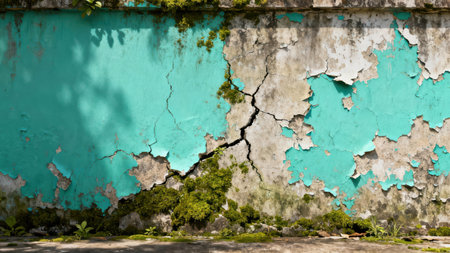 Aged exterior plaster wall texture with heavy flaking cyan paint revealing the gray substrate, featuring a prominent dark vertical crack lined with lush green moss and small ground plants.の素材