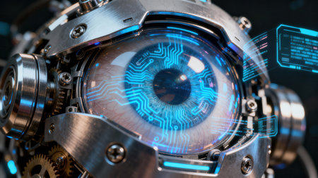 Hyperrealistic 3D render showing a synthetic human eye socket detailed with exposed gears, screws, and metallic components, featuring luminous blue projected microchip pathways overlaying the iris.の素材