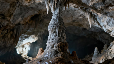 Dramatic lighting highlighting the highly textured, wet surface of a massive cave column (stalagnate) rising toward the ceiling stalactites in a dark subterranean environment.の素材