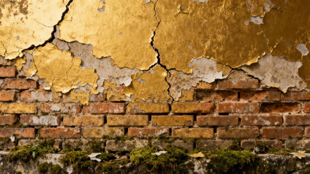 Detail of crumbling golden facade layered over aged concrete, heavily cracked, revealing traditional red clay brickwork beneath, topped by vibrant green creeping moss growth.の素材