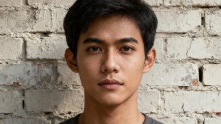 Detailed  portrait of a young adult male with dark eyes and hair, centered against an aged whitewashed brick wall featuring cracked mortar and rough, peeling paint.の素材