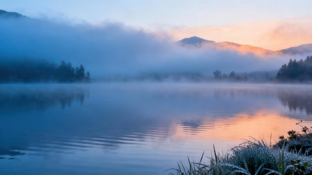 Ethereal scene of cold blue steam rising from the calm water surface, mirroring the brilliant orange and soft pink sunrise light piercing through the low clouds above dark mountain peaks.の素材
