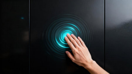Close view of skin hand contacting reflective black background, generating an intense turquoise radiating pulse effect and concentric circles, symbolizing biometric security and high technology.の素材