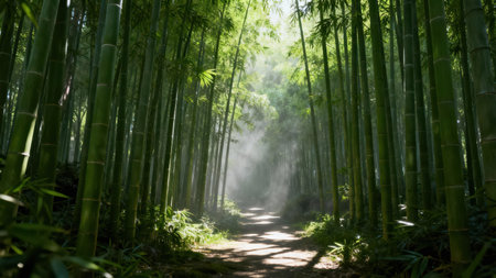 Atmospheric scene showing a lush bamboo grove path bathed in misty sunbeams, emphasizing the towering vertical growth and deep green color palette.の素材