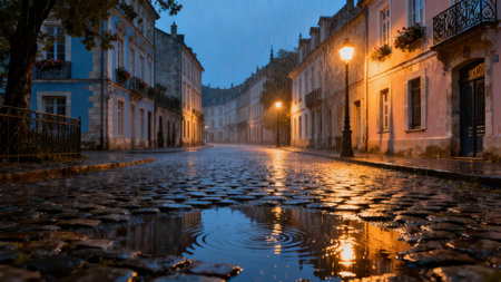 Dimly lit historic alley paved with dark cobblestones and glistening with heavy rainfall, contrasting warm orange street lamps reflecting intensely in the standing water.の素材