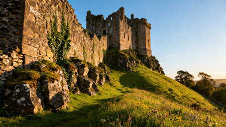 Sunlit rough dry stone retaining wall covered with dark green ivy, leading up to the weathered ruins of a medieval keep atop a steep grassy incline dotted with purple wildflowers.の素材