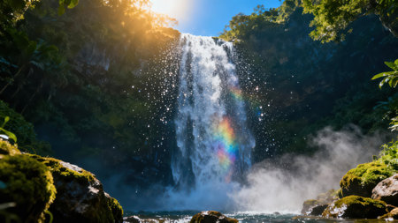 Golden sun flare hitting the crest of a high, voluminous waterfall surrounded by dark green jungle foliage and bright mossy rocks, generating a luminous full-spectrum rainbow in the heavy spray.の素材
