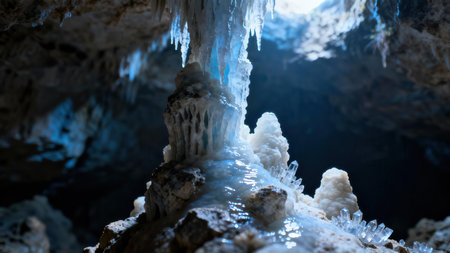 Jagged formations of white calcium carbonate and clear quartz growing on flowstone, dramatically highlighted by a cool shaft of natural blue light streaming from a cave opening above.の素材
