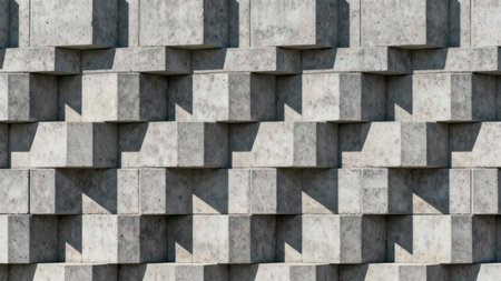 Monochromatic brutalist architectural wall consisting of interlocking rough textured cement blocks, emphasizing strong directional sunlight and deep shadows creating three-dimensional relief.の素材