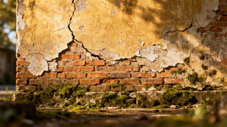 Close up of crumbling yellow paint revealing underlying textured orange-red brickwork and vertical fissures, with wet green moss growing on the foundation in golden hour light.の素材