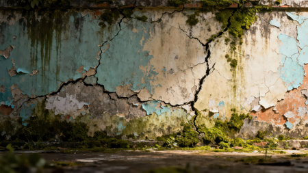 Prominent central crack dividing a crumbling wall featuring bright green moss growth, illuminated by dim light across flaking layers of teal, beige, and terracotta orange paint.の素材