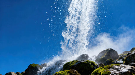 Low angle view of massive whitewater stream splashing over dark boulders coated in lush green moss, generating fine spray and mist contrasted against the brilliant deep azure sky.の素材