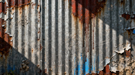 Close up of heavily oxidized corrugated iron panels with severe reddish-brown rust streaks and flaking paint, illuminated by strong directional sunlight creating deep vertical shadows.の素材