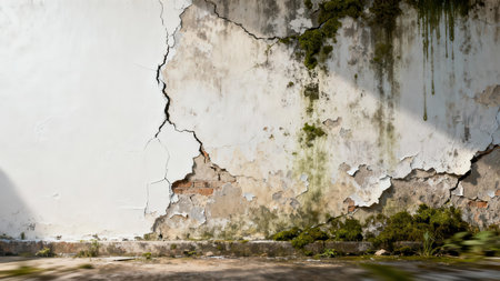 Sunlight illuminating a severely compromised building facade displaying deep black fissures, peeling white paint, orange masonry, and deep green filamentous moss growth caused by long term moisture...の素材