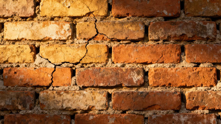 Close up of rugged multi-toned orange-red and golden yellow brick facade featuring a deep fracture running diagonally across the old cement mortar joints with dramatic sun glare.の素材