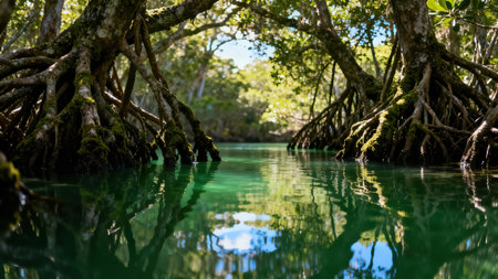 Vibrant emerald green water reflecting the blue sky and sunlit canopy, flowing between the dark, textured trunks and complex stilt root systems of tropical mangrove trees.の素材