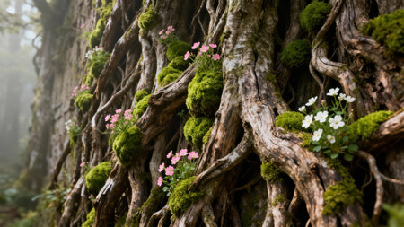 Extreme closeup of an immense vertical tree trunk densely layered with thick, twisted roots and bright spheroidal moss mounds, speckled with small pastel pink and white blossoms.の素材