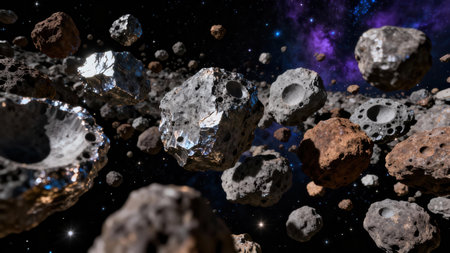 Abundance of floating gray and bronze asteroids, some highly metallic, illuminated by harsh light against the cold black void dotted with stars and vibrant magenta nebulosity.の素材