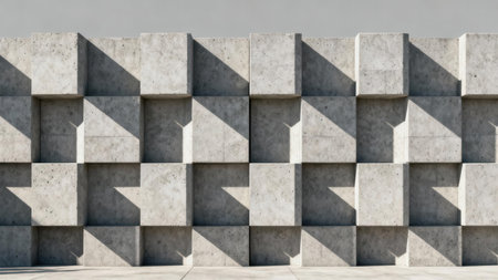Textured monochromatic gray cement wall featuring recessed geometric square shapes and sharp triangular shadows, emphasizing modern architectural geometry.の素材