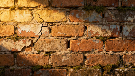 View of decaying terracotta masonry texture showing severe structural damage, peeling stucco, and green moss growth dramatically highlighted by intense golden sunlight and shadows.の素材
