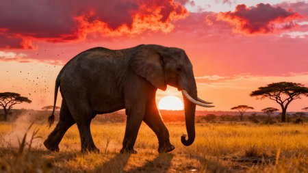 Backlit African elephant striding across dry grassland, kicking up dust plumes, silhouetted against a brilliant orange sun disk and vibrant red cloudscape during dramatic sunset.の素材