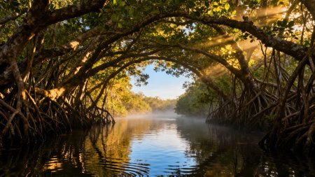 Wide angle view of dark, reddish-brown mangrove prop roots forming a cathedral arch over still water, intense orange sun rays filter through the thick green and yellow foliage above.の素材