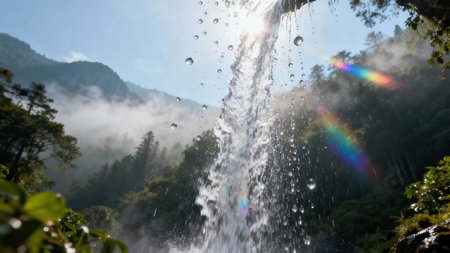Powerful falling water captured , showing detailed prismatic rainbow light refracting through the dense water spray and spherical droplets against a backdrop of steep, fog-shrouded green evergreen...の素材