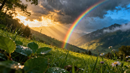 Low angle view of lush, wet grass and daisy wildflowers sparkling with raindrops, contrasting with dark storm clouds and bright crepuscular rays over alpine mountains.の素材