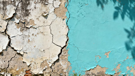 Extreme detail of peeling white and teal stucco meeting at a deep crack, revealing underlying structure and material deterioration, with dark foliage shadows cast across the blue area.の素材