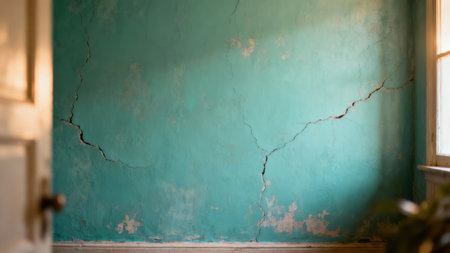 Bright sunlight illuminates long structural fissures cutting across the vibrant teal painted wall surface next to a blurry window frame, highlighting texture and severe plaster damage.の素材