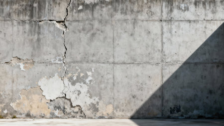 Grungy gray cement background wall composed of square panels, highlighted by strong contrast lighting with a sharp diagonal dark shadow obscuring the lower right corner, showing structural cracking.の素材