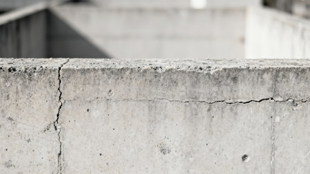 Weathered light grey concrete retaining wall section featuring deep horizontal and vertical stress fractures, photographed outdoors with a blurred geometric industrial background.の素材