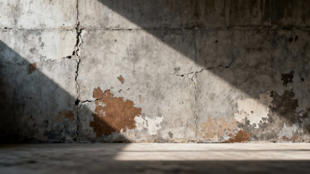Rough textured gray cement wall and floor surface illuminated by a stark diagonal light beam, emphasizing the deep vertical cracks, worn joints, and peeling brown paint patches.の素材