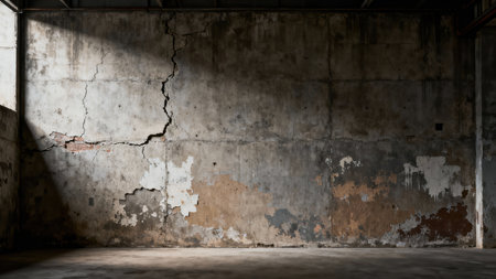 Wide angle view of a deeply damaged, long concrete room wall showing large fissure cracks and moisture staining, highlighted by harsh directional illumination.の素材