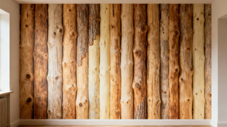 Photographic mural depicting closely aligned, textured tree trunks in varying shades of tan, golden brown, and beige, creating a natural accent wall inside an unfurnished residential interior.の素材