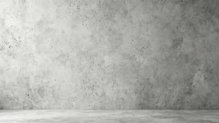 Empty room interior featuring mottled gray cementitious surface texture on both the vertical wall and horizontal floor, illuminated for product display or backdrop use.の素材