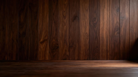Interior view of a minimalist room showcasing vertical walnut-stained wood paneling and a dark, reflective floor, structured for product photography or copy space.の素材