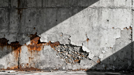 Industrial gray stone wall exhibiting severe spalling and iron oxide discoloration, with dramatic natural light casting deep shadows over the distressed surface detail.の素材