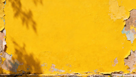Close up of a highly textured exterior wall featuring vibrant, peeling yellow paint flakes revealing old blue and brown underlayers, illuminated by strong sun with dark leaf shadows stretching...の素材
