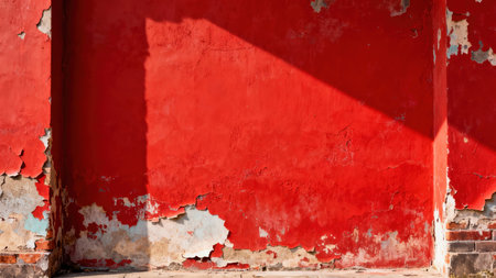 Detailed abstract background featuring vibrant scarlet paint flaking off an old stucco wall corner, revealing underlying blue and beige plaster layers under strong, directional shadows.の素材