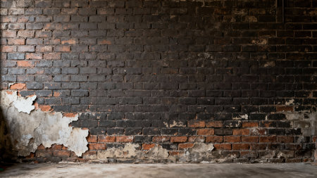 Grunge interior scene featuring a wide black and red brick wall where layers of chipped paint and concrete plaster are falling away, highlighting extreme decay and raw urban texture.の素材