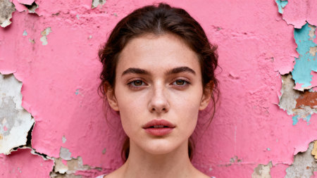 Closeup -style portrait of a brunette model with a clear complexion, contrasting sharply against a vibrant, peeling fuchsia pink outdoor wall showing deep texture and decay.の素材