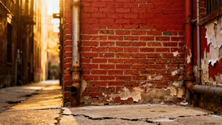 Weathered, peeling red brick wall surface detailed with a rusted vertical drainpipe, set against cracked concrete ground and an out-of-focus alleyway bathed in intense golden backlight.の素材