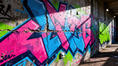 Vivid magenta and cyan bubble lettering graffiti dominates a severely cracked gray concrete support pillar inside a dark, derelict industrial corridor under high contrast sunlight and shadows.の素材