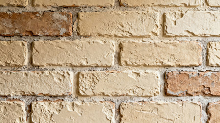 Uneven textured facade of decorative light tan and sporadically reddish clay bricks tightly cemented with thick, light gray mortar, emphasizing the roughness and historic appearance.の素材